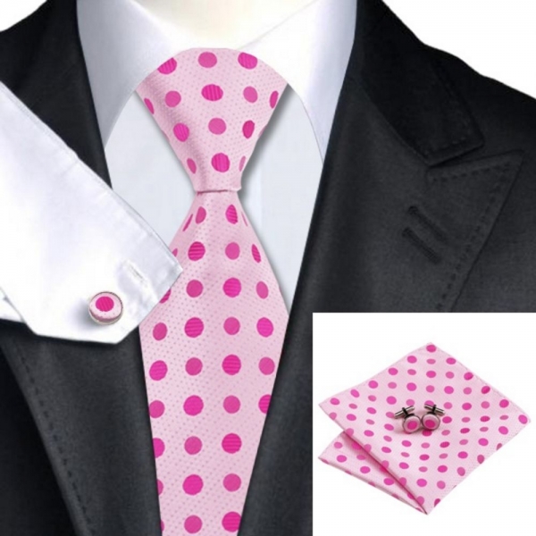 Baby Pink Silk Tie with Pink Polka Dot Matching Pocket Square and