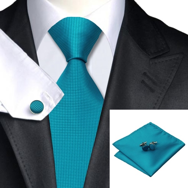 Teal Squared Silk Tie with Matching Pocket Square and Cufflink Set