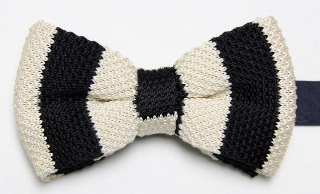 Cream and Black Thick Striped Knitted Bow Tie 