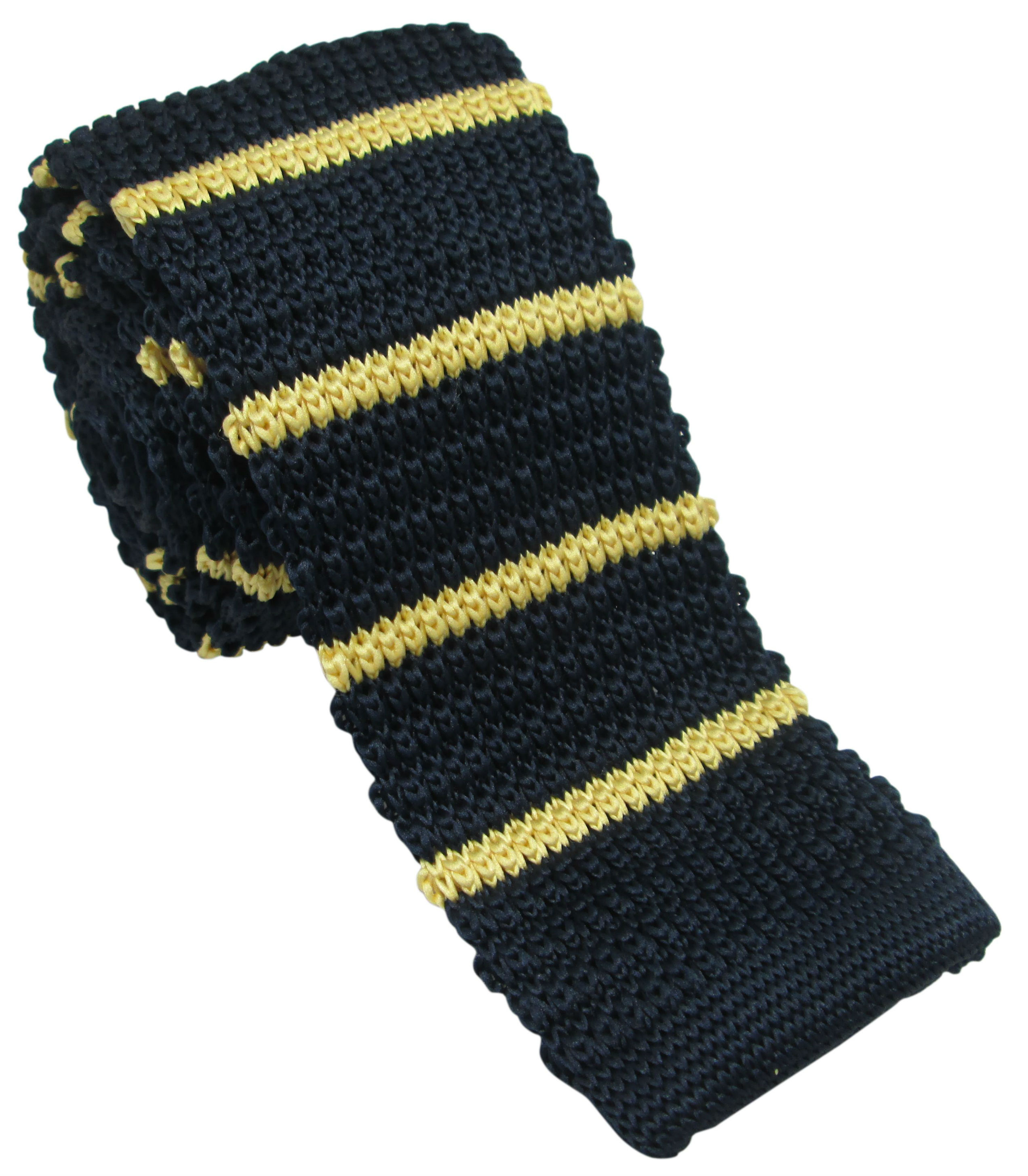 Navy Knitted Tie with Yellow Stripes