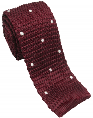 Burgundy Knitted Tie with White Polka Dots