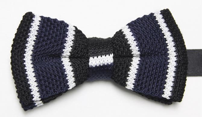 Navy Knitted Bow Tie with black and White Stripe