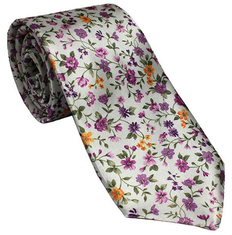 White Silk Tie with Purple and Yellow Floral Design
