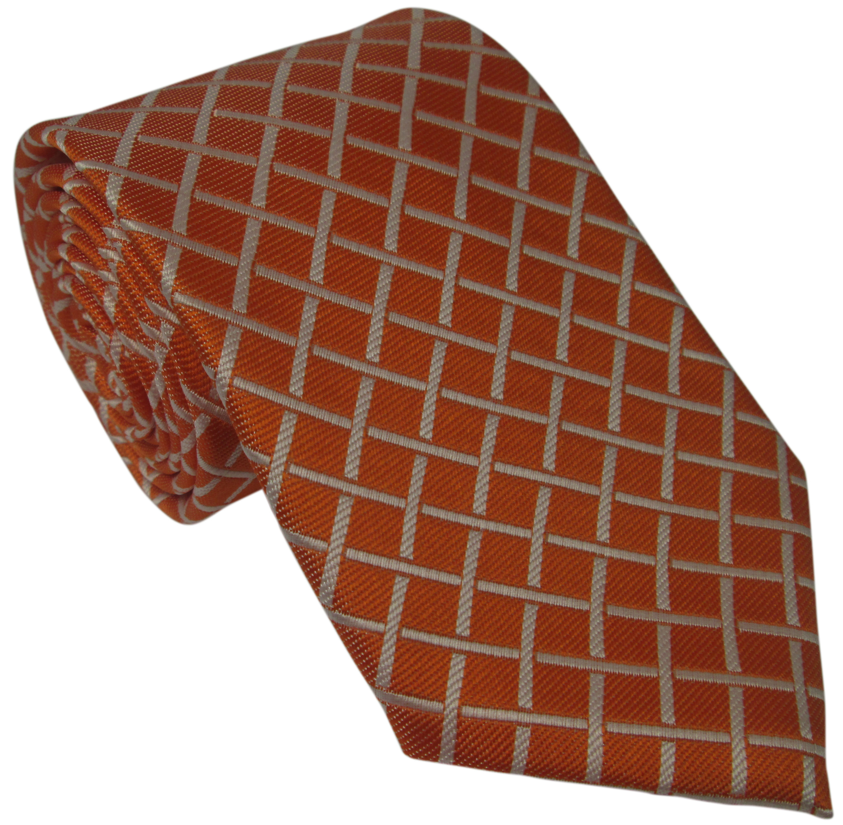 Orange Silk Tie with White Grid Pattern