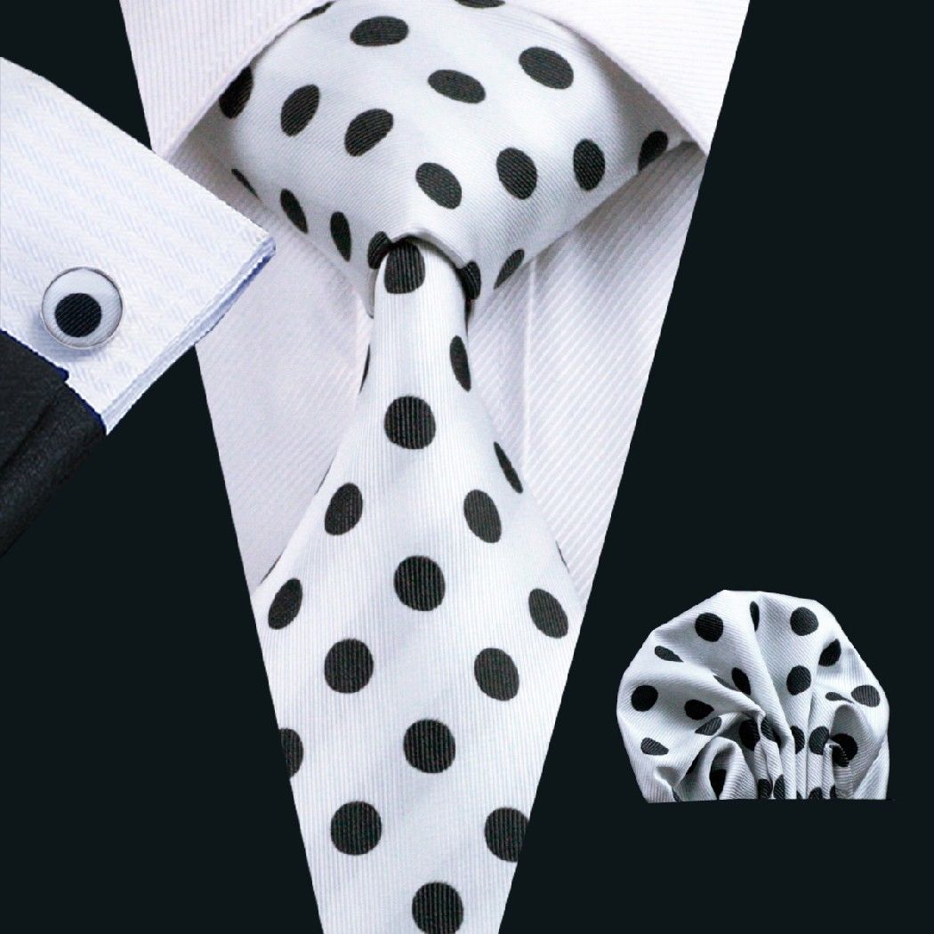 White Silk Tie with Large Black Polka Dot Matching Pocket Square and Cufflink Set